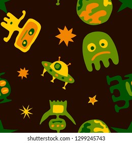 Children Space Background. Abstract Color Pattern with Aliens, Spaceships, Planets and Stars for Print, Cloth, Textile. Retro Space Kids Pattern with Cute Monsters. Vector Texture.