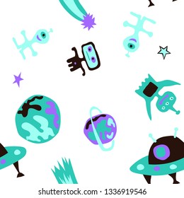 Children Space Background. Abstract Color Pattern with Aliens, Spaceships, Planets and Stars for Print, Fabric, Textile.  Retro Space Kids Pattern with Cute Monsters. Vector Texture.