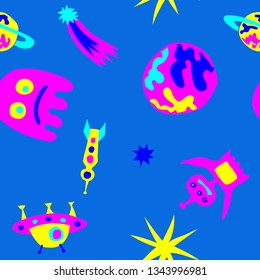 Children Space Background. Abstract Color Background with Aliens, Spaceships, Planets and Stars for Fabric, Cloth, Textile. Modern Space Kids Pattern with Cute Monsters. Vector Texture.