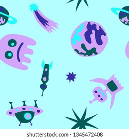 Children Space Background. Abstract Color Background with Aliens, Spaceships, Planets and Stars for Print, Cloth, Textile. Trendy Space Kids Pattern with Cute Monsters. Vector Texture.