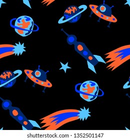 Children Space Background. Abstract Color Background with Aliens, Spaceships, Planets and Stars for Dress, Paper, Tablecloth. Modern Space Kids Pattern with Cute Monsters. Vector Texture.
