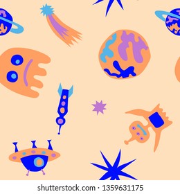 Children Space Background. Abstract Color Background with Aliens, Spaceships, Planets and Stars for Chintz, Linen, Wallpaper. Retro Space Kids Pattern with Cute Monsters. Vector Texture.