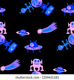 Children Space Background. Abstract Color Pattern with Aliens, Spaceships, Planets and Stars for Print, Fabric, Textile.  Retro Space Kids Pattern with Cute Monsters. Vector Texture.