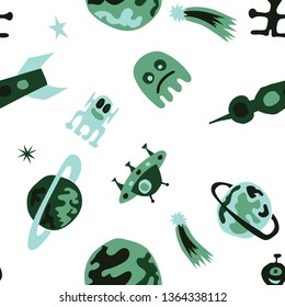 Children Space Background. Abstract Color Pattern with Aliens, Spaceships, Planets and Stars for Print, Fabric, Textile.  Vintage Space Kids Pattern with Cute Monsters. Vector Texture.