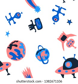 Children Space Background. Abstract Color Pattern with Aliens, Spaceships, Planets and Stars for Dress, Paper, Tablecloth. Trendy Space Kids Pattern with Cute Monsters. Vector Texture.