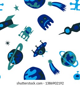 Children Space Background. Abstract Color Pattern with Aliens, Spaceships, Planets and Stars for Linen, Paper, Tablecloth. Modern Space Kids Pattern with Cute Monsters. Vector Texture.