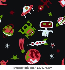 Children Space Background. Abstract Color Pattern with Aliens, Spaceships, Planets and Stars for Calico, Print, Textile. Trendy Space Kids Pattern with Cute Monsters. Vector Texture.