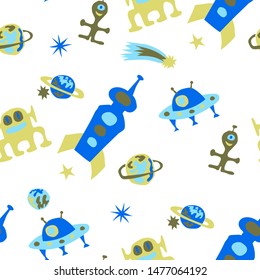 Children Space Background. Abstract Color Background with Aliens, Spaceships, Planets and Stars for Dress, Paper, Tablecloth. Retro Space Kids Pattern with Cute Monsters. Vector Texture.