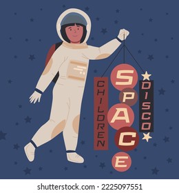 Children space disco. Playing astronauts. Tacky party. Themed night for kids. Little cute cosmonaut. Editable vector illustration in cartoon style. Landscape cosmic background. Horizontal poster.