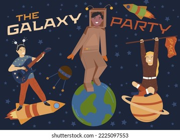 Children space disco. Playing astronauts. Tacky party. Themed night for kids. Little cute cosmonauts. Editable vector illustration in cartoon style. Landscape cosmic background. Horizontal poster.