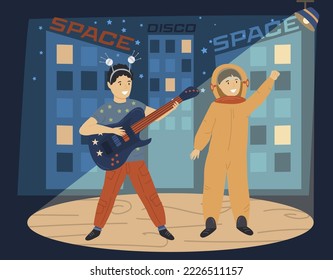 Children space disco. Playing astronauts. Tacky party. Themed night for kids. Little cute cosmonauts. Editable vector illustration in cartoon style. Landscape cosmic background. Horizontal poster.