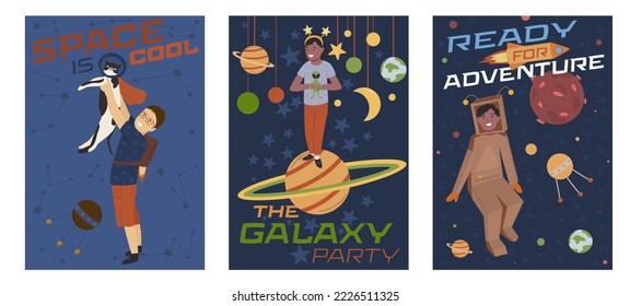 Children space disco. Playing astronauts. Tacky party. Themed night for kids. Little cute cosmonauts. Editable vector illustration in cartoon style. Vertical cosmic background. Portrait posters set.