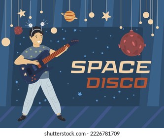 Children space disco. Playing astronauts. Tacky party. Themed night for kids. Little cute cosmonaut. Editable vector illustration in cartoon style. Vertical cosmic background. Portrait posters set.