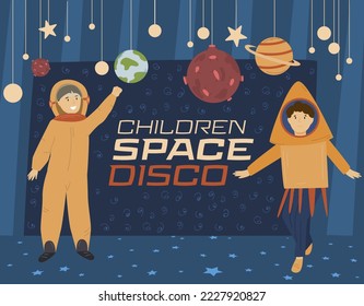 Children space disco. Playing astronauts. Tacky party. Themed night for kids. Little cute cosmonaut. Editable vector illustration in cartoon style. Horizontal cosmic background. Landscape banner