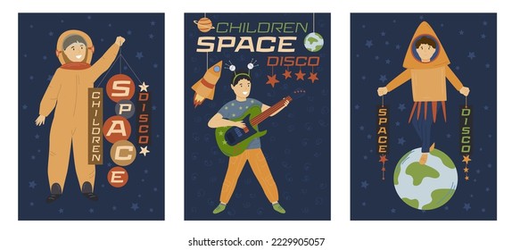 Children space disco. Playing astronauts. Tacky party. Themed night for kids. Little cute cosmonaut. Editable vector illustration in cartoon style. Portrait cosmic background. Vertical banners