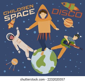 Children space disco. Playing astronauts. Tacky party. Themed night for kids. Little cute cosmonaut. Editable vector illustration in cartoon style. Landscape cosmic background. Horizontal banner