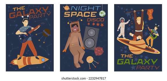 Children space disco. Playing astronauts. Tacky party. Themed night for kids. Little cute cosmonaut. Editable vector illustration in cartoon style. Portrait cosmic background. Vertical banners