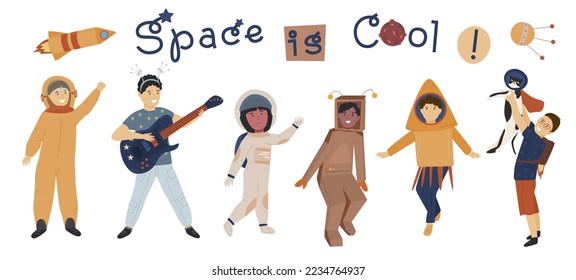 Children space disco. Playing astronauts. Tacky party. Themed night for kids. Little cute cosmonaut. Editable vector illustration in cartoon style. Portrait cosmic background. Vertical banners