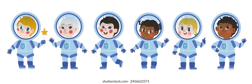 Children in space. Kids astronauts cute vector characters in rocket cosmonaut