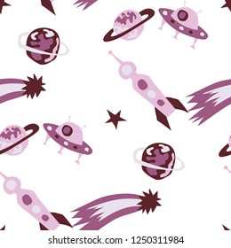 Children Space Pattern. Abstract Color Background with Aliens, Spaceships, Planets and Stars for Chintz, Linen, Wallpaper. Vintage Space Kids Pattern with Cute Monsters. Vector Texture.