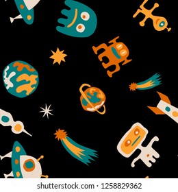 Children Space Pattern. Abstract Color Pattern with Aliens, Spaceships, Planets and Stars for Wallpaper, Print, Cotton. Retro Space Kids Pattern with Cute Monsters. Vector Texture.