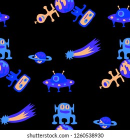 Children Space Pattern. Abstract Color Pattern with Aliens, Spaceships, Planets and Stars for Print, Fabric, Textile.  Vintage Space Kids Pattern with Cute Monsters. Vector Texture.