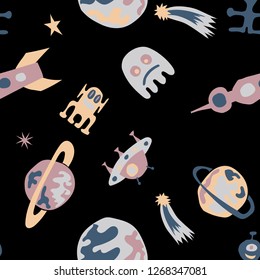 Children Space Pattern. Abstract Color Background with Aliens, Spaceships, Planets and Stars for Wallpaper, Fabric, Textile. Vintage Space Kids Pattern with Cute Monsters. Vector Texture.