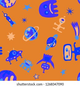 Children Space Pattern. Abstract Color Background with Aliens, Spaceships, Planets and Stars for Fabric, Cloth, Textile. Trendy Space Kids Pattern with Cute Monsters. Vector Texture.