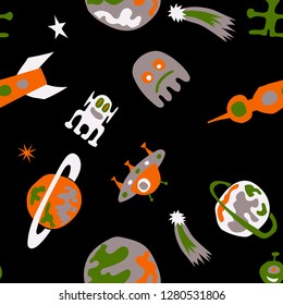 Children Space Pattern. Abstract Color Pattern with Aliens, Spaceships, Planets and Stars for Chintz, Linen, Wallpaper. Retro Space Kids Pattern with Cute Monsters. Vector Texture.