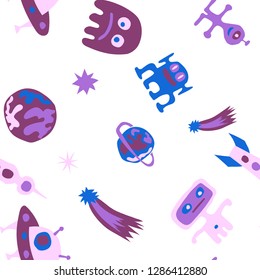 Children Space Pattern. Abstract Color Pattern with Aliens, Spaceships, Planets and Stars for Calico, Print, Textile. Modern Space Kids Pattern with Cute Monsters. Vector Texture.