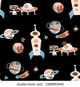 Children Space Pattern. Abstract Color Background with Aliens, Spaceships, Planets and Stars for Calico, Print, Textile. Vintage Space Kids Pattern with Cute Monsters. Vector Texture.