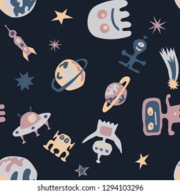 Children Space Pattern. Abstract Color Pattern with Aliens, Spaceships, Planets and Stars for Print, Cloth, Textile. Retro Space Kids Pattern with Cute Monsters. Vector Texture.