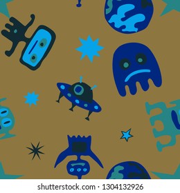 Children Space Pattern. Abstract Color Pattern with Aliens, Spaceships, Planets and Stars for Wallpaper, Fabric, Print. Vintage Space Kids Pattern with Cute Monsters. Vector Texture.