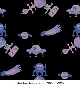 Children Space Pattern. Abstract Color Background with Aliens, Spaceships, Planets and Stars for Cotton, Print, Calico. Modern Space Kids Pattern with Cute Monsters. Vector Texture.