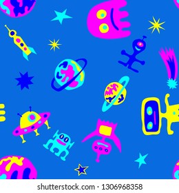 Children Space Pattern. Abstract Color Background with Aliens, Spaceships, Planets and Stars for Cotton, Calico, Textile. Retro Space Kids Pattern with Cute Monsters. Vector Texture.