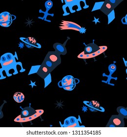 Children Space Pattern. Abstract Color Background with Aliens, Spaceships, Planets and Stars for Cotton, Print, Textile. Vintage Space Kids Pattern with Cute Monsters. Vector Texture.