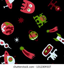 Children Space Pattern. Abstract Color Pattern with Aliens, Spaceships, Planets and Stars for Print, Fabric, Textile.  Retro Space Kids Pattern with Cute Monsters. Vector Texture.