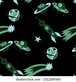 Children Space Pattern. Abstract Color Pattern with Aliens, Spaceships, Planets and Stars for Wallpaper, Fabric, Textile. Trendy Space Kids Pattern with Cute Monsters. Vector Texture.