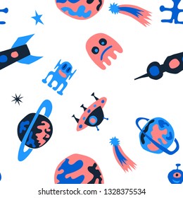 Children Space Pattern. Abstract Color Background with Aliens, Spaceships, Planets and Stars for Dress, Curtain, Paper. Trendy Space Kids Pattern with Cute Monsters. Vector Texture.