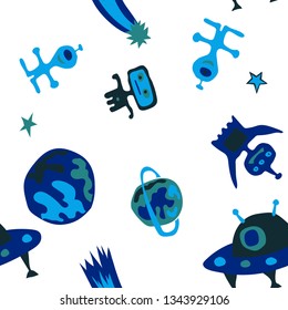 Children Space Pattern. Abstract Color Pattern with Aliens, Spaceships, Planets and Stars for Fabric, Cloth, Textile. Modern Space Kids Pattern with Cute Monsters. Vector Texture.
