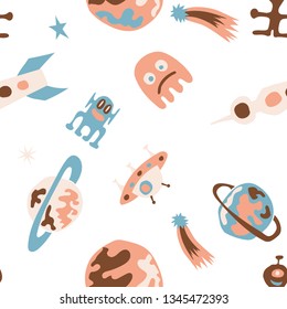 Children Space Pattern. Abstract Color Background with Aliens, Spaceships, Planets and Stars for Fabric, Cloth, Textile. Retro Space Kids Pattern with Cute Monsters. Vector Texture.