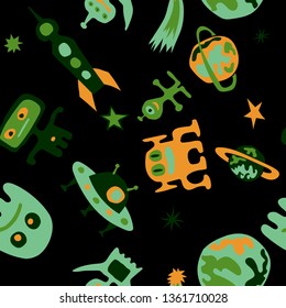 Children Space Pattern. Abstract Color Background with Aliens, Spaceships, Planets and Stars for Print, Cloth, Fabric. Trendy Space Kids Pattern with Cute Monsters. Vector Texture.