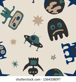 Children Space Pattern. Abstract Color Background with Aliens, Spaceships, Planets and Stars for Print, Fabric, Textile.  Vintage Space Kids Pattern with Cute Monsters. Vector Texture.