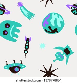 Children Space Pattern. Abstract Color Pattern with Aliens, Spaceships, Planets and Stars for Dress, Paper, Tablecloth. Retro Space Kids Pattern with Cute Monsters. Vector Texture.