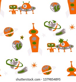 Children Space Pattern. Abstract Color Pattern with Aliens, Spaceships, Planets and Stars for Fabric, Cloth, Textile. Modern Space Kids Pattern with Cute Monsters. Vector Texture.