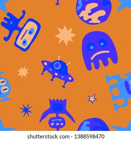 Children Space Pattern. Abstract Color Background with Aliens, Spaceships, Planets and Stars for Print, Cloth, Fabric. Vintage Space Kids Pattern with Cute Monsters. Vector Texture.
