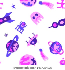 Children Space Pattern. Abstract Color Pattern with Aliens, Spaceships, Planets and Stars for Wallpaper, Fabric, Textile. Retro Space Kids Pattern with Cute Monsters. Vector Texture.