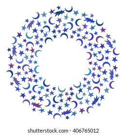 Children space round frame of the colorful star, moon and comet on white background. Design template for banner, greeting card, invitation, postcard, emblem etc. Vector illustration.