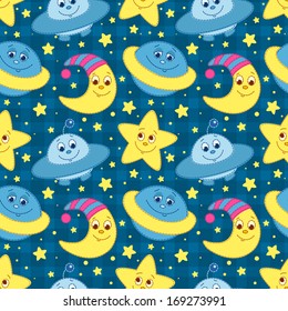 Children space seamless pattern. Cartoon vector background.
