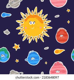Children space seamless pattern with sun, planets and stars